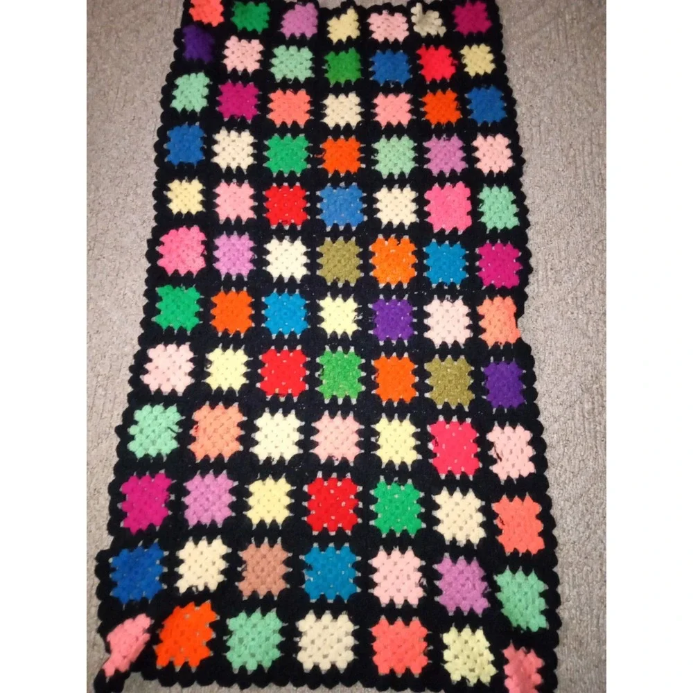 Vintage Handmade Crochet‎ Granny Square Afghan Blanket Multi-Color Black Trim